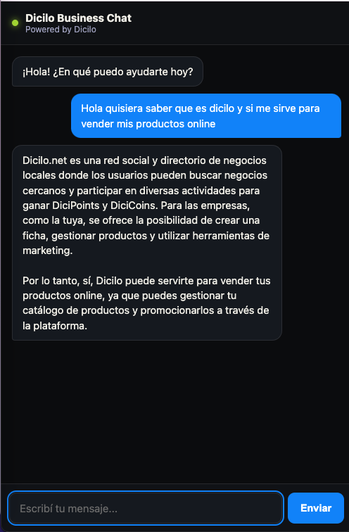 Captura de una conversación real con el agente de Dicilo Business Chat